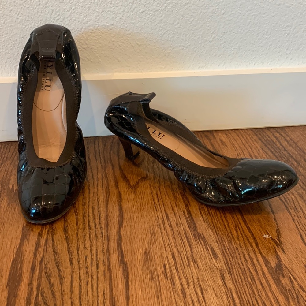 Anyi Lu Morgan Brown Patent Croco Embossed Leather Flex Heels, Sz 40